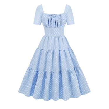 Meichang Robes Trapèze pour Femmes Tunique à Volants Ourlet Superposé Robe à Pois Décontractée Manches Courtes Encolure Carrée Midi Robe d'Été Plissée Évasée Évasée Invitée de Mariage Robe de Fête