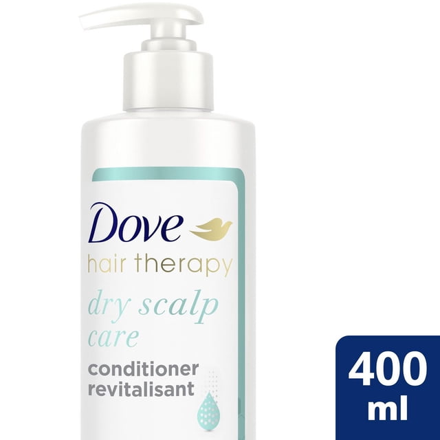 Dove Dry Scalp Care Conditioner in a white 400 ml pump bottle with blue and gold text, a moisturizing conditioner formulated to relieve scalp dryness and nourish hair as part of hair therapy treatments.