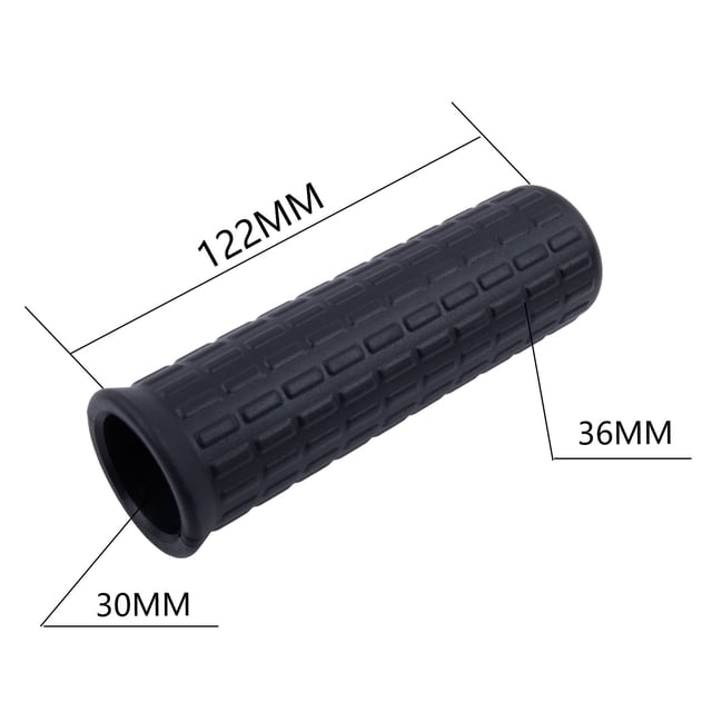 2Pcs Wheelbarrow Rubber Handles, Round Tubes Black Replacement Handles. The image displays a single black rubber handle with a textured, non-slip surface. It measures 122mm in length and 30mm in inner diameter, designed to fit most wheelbarrows with round tubes. The handle is weatherproof, durable, and provides shock absorption, making it ideal for heavy-duty gardening or construction tasks.
