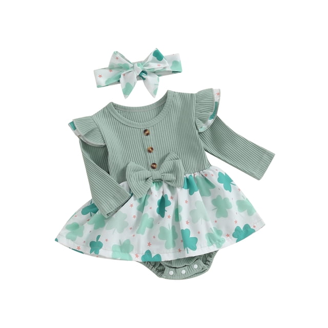 Diconna Barboteuse-Robe à Manches Longues pour Bébé Fille, Imprimé Trèfle, à Volants, avec Bandeau, Journée Irlandaise