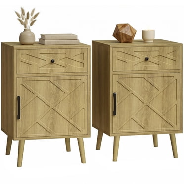 HOMCOM Ensemble de 2 Tables de Nuit, Ensemble de Table de Chevet avec Tiroir et Armoire, Chêne