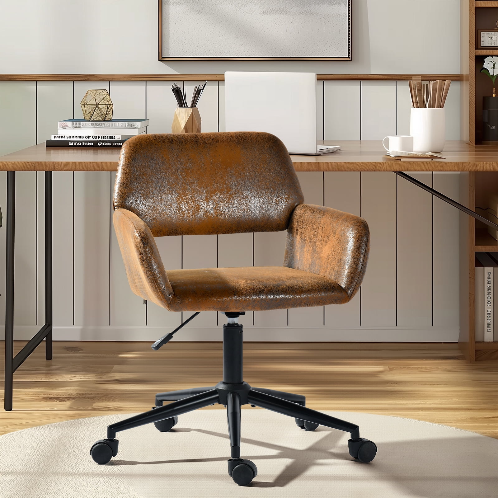 Homy Casa 33.9'' Adjustable Swivel Office Chair, Armless Faux Leather Desk Chair with Wheels for Home Office, Study Room, Brown