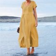 thumbnail image 2 of Robes Boho pour Femmes Été Plage Coton Lin Robe Maxi Col Ras du Cou Manches Courtes Fendue Vacances Robe Longue Unie, 2 of 4