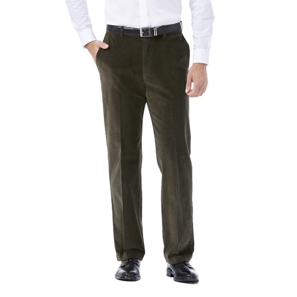 Haggar Men's 21 Wale Stretch Corduroy Expandable Waist Classic Fit Plain Front Pant, Military Green, 38x34