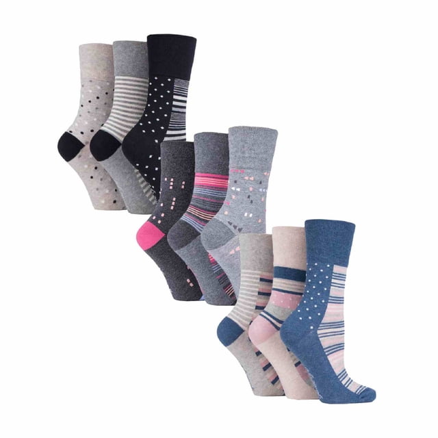 Gentle Grip - 9 Pairs Ladies Cotton Soft Top Patterned Non Elastic Crew Socks