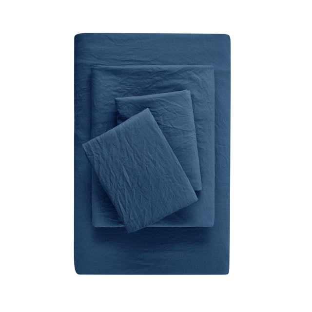 Mainstays Washed Ultra Soft Microfiber Bed Sheet Set, Full, Washed Indigo, 4 Piece