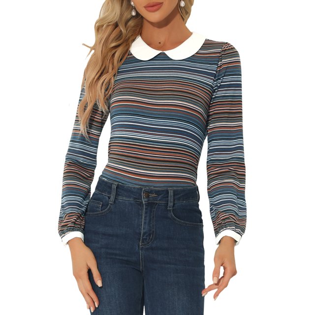 INSPIRE CHIC Chemise à Manches Longues Contrastées avec Col pour Femmes Peter Pan Rayée Bleue TP