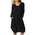 thumbnail image 2 of Robes d'Été Aguichant pour Femmes Printemps et Automne Col Rond Coton Lin Ample Décontracté Couleur Unie Manches Longues Robe à Poches Robes pour Invité de Mariage Été en Liquidation, 2 of 8