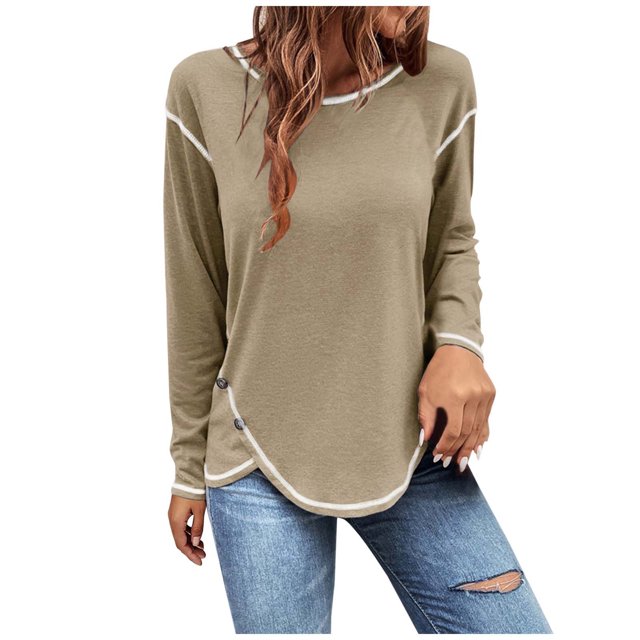 Timegard Hauts Grande Taille pour Femmes Col Rond Manches Longues Bouton Blouse Irrégulière Automne Décontracté Confortable