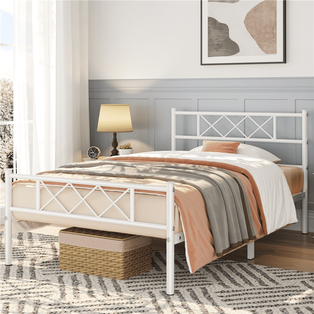 FullFurnique Cadre de Lit Plateforme en Métal Simple avec Tête et Pied de Lit, Double, Blanc