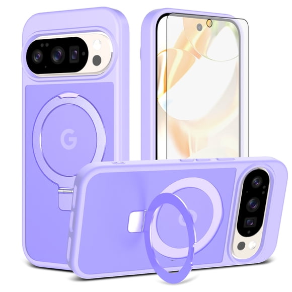 Asuwish Phone Case for Google Pixel 9/10/9 Pro/10 Pro 5G Tempered Glass Screen Protector Magnetic Bracket stand Translucent Shockproof Protective Cell Cover Pixel9 Pixel10 9Pro 10Pro Women Men Purple