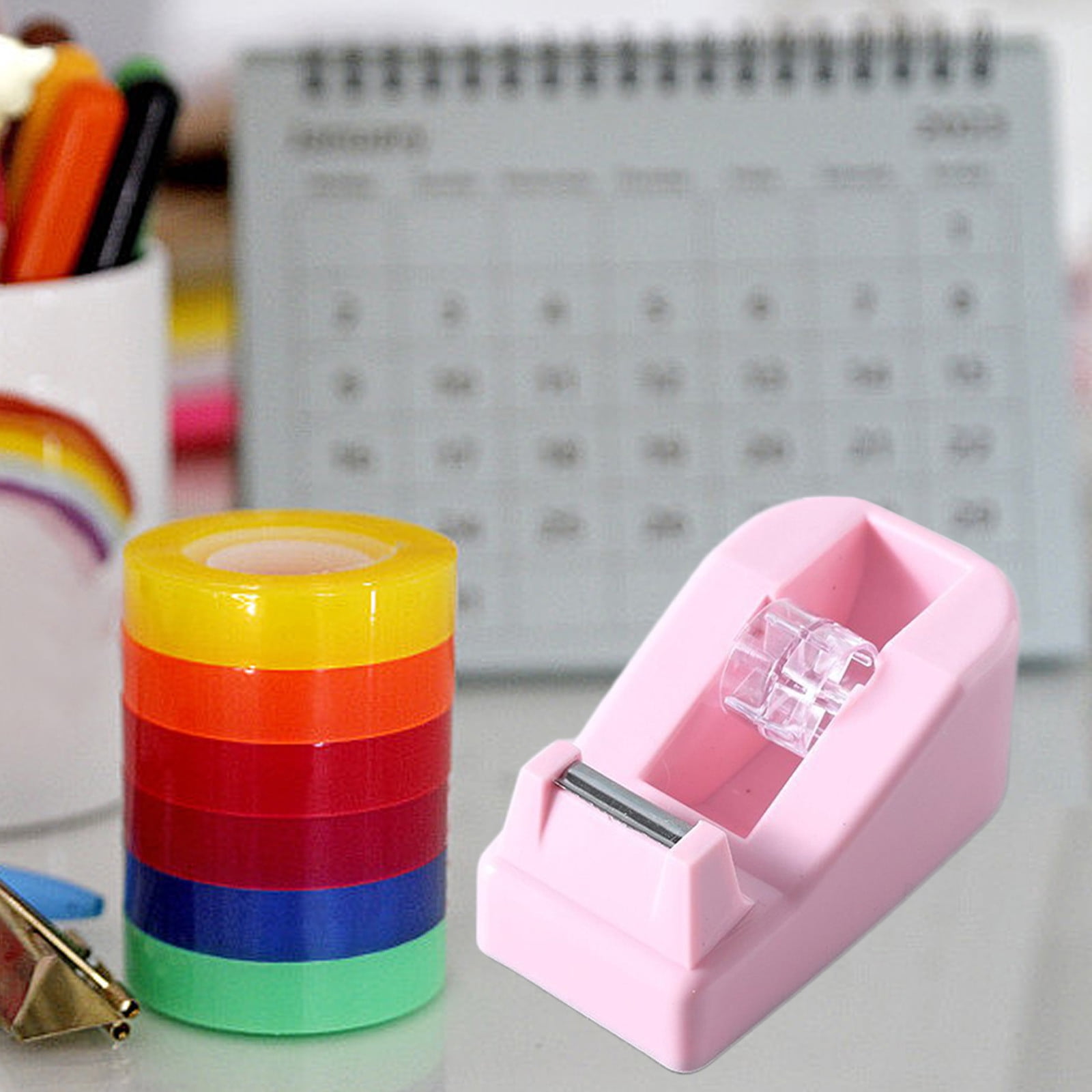 UsRHHA Macaron Tape Dispenser, Colorful Adhesive Tape Holder with Cutter, Desktop Tape Station