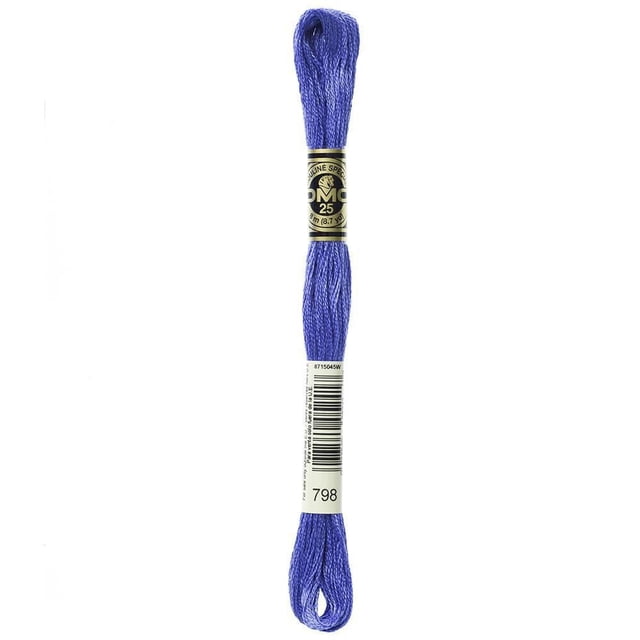 DMC 6-Strand Embroidery Floss in blue, 8 m skein, featuring twisted 100% long-staple cotton thread with double-mercerized sheen, wrapped with black and gold DMC 25 label and white barcode label numbered 798, ideal for colourfast cross-stitch and needlepoint.