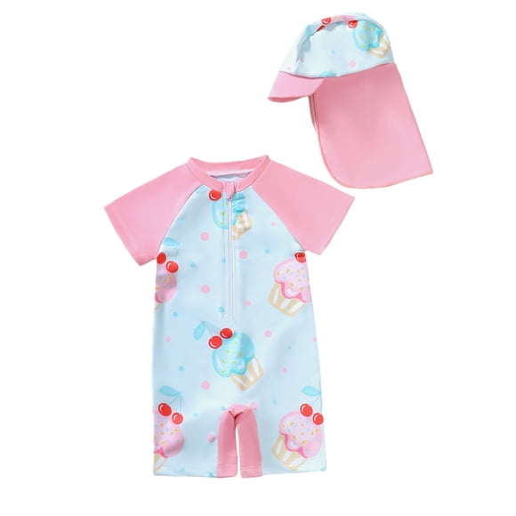 GPOECD Maillot de Bain Fille Ensemble 2 Pcs Mignon Imprimé Glace Melon D\'eau avec Bonnet de Bain Maillot de Bain pour Bébé Tout-Petit Blanc,80
