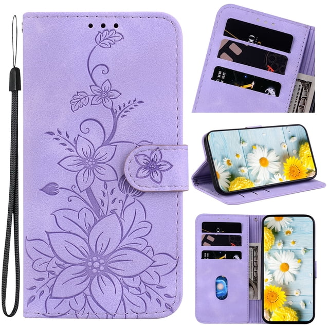 Compatible with Samsung Galaxy A02 Embossed Lily Wallet Case with Card Holder PU Leather Flip Cover