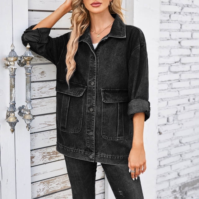LOVZFMLL Vestes pour Femmes Mode Couleur Col à Revers Style Amincissant Manche Veste en Denim