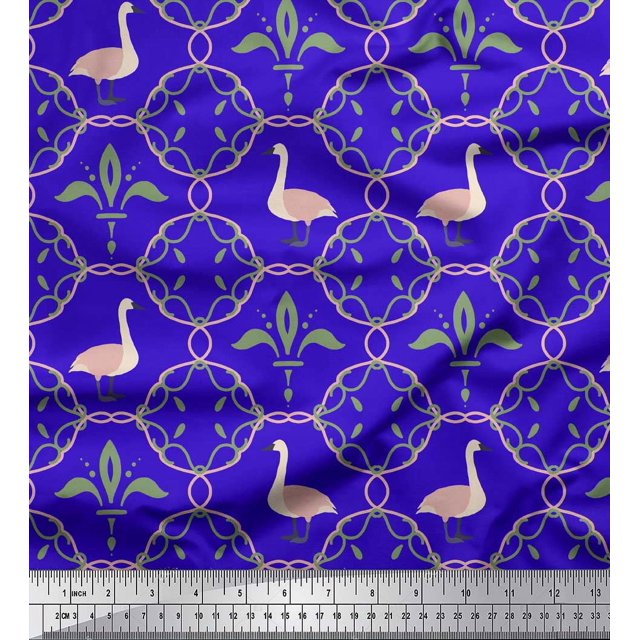 Soimoi Blue Velvet Fabric Swan & Moroccan Damask Printed Fabric 1 Yard 58 Inch Wide