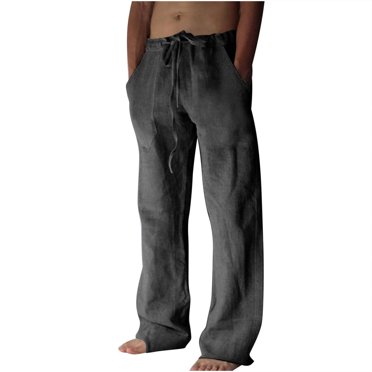 Men's Cotton And Linen Elastic Waist Blended Breathable Comfortable Soft Beach Casual Trousers Full Length Pants Wide Leg ,Dark Gray,S