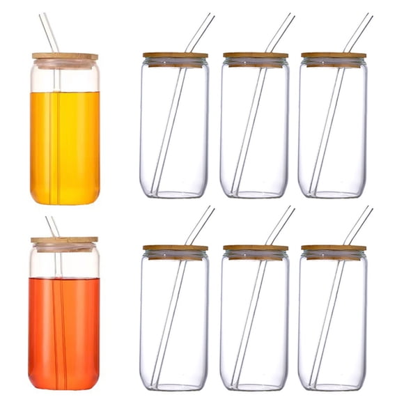 Glass Tumbler with Bamboo Lid Brushes Straw 470ml Can Shaped Glass Cups for Iced Coffee Soda Tea Beer & Ice Coffee Glasses Reusable Glassware
