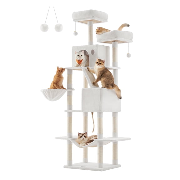 81.1"H Cat Tree Cat Tower for Indoor Cats, Plush Multi-Level Cat Condo with Scratching Posts, Perches, Caves, Hammock, Cream White
