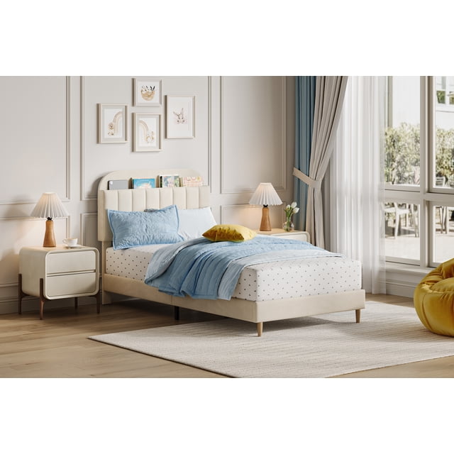 BeesClover Velvet Platform Bed with Storage Headboard and Bookcase, Upholstered Bed Frame for Kids and Girls, Quiet Design with Strong Wood Slats and Metal Legs, Easy Assembly