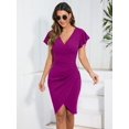 thumbnail image 3 of Owin Women's Summer Sexy V Neck Ruffle Sleeve Faux Wrap Ruched Sheath Bodycon Cocktail Party Work Dress, 3 of 3