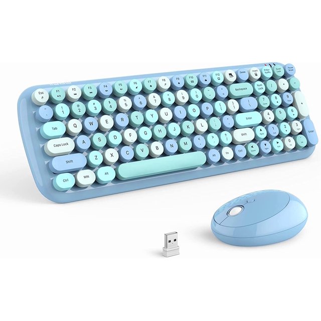Keyboard and Mouse Combo, Light Blue 100 Keys 2.4 GHz Round Keycap Typewriter Keyboards, USB Receiver