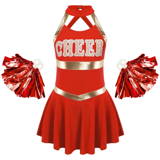 Yanarno Costume de Pom-Pom Girl pour Filles Sans Manches à Lettres Imprimées Uniforme de Cheerleading Robe Plissée avec Pompons Rouge 16