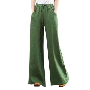 Fgnfyis Womens Pants Summer High Waisted Palazzo Wide Leg Long Trousers with Pocket Linen Green XXL