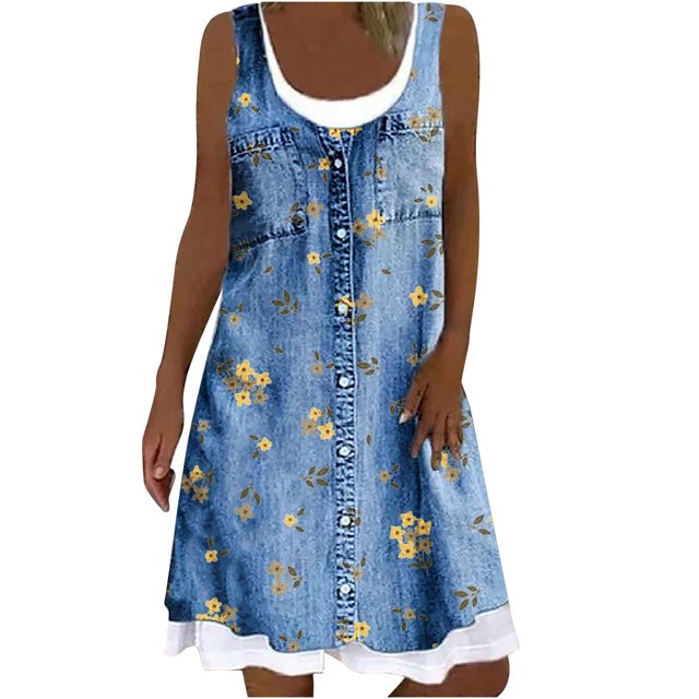 Pisexur Robe en Denim Aguichant pour Femme Sans Manches à Col en V, Robe Midi à Fleurs, Décontractée, Fente Latérale, Robe-Chemise en Jean