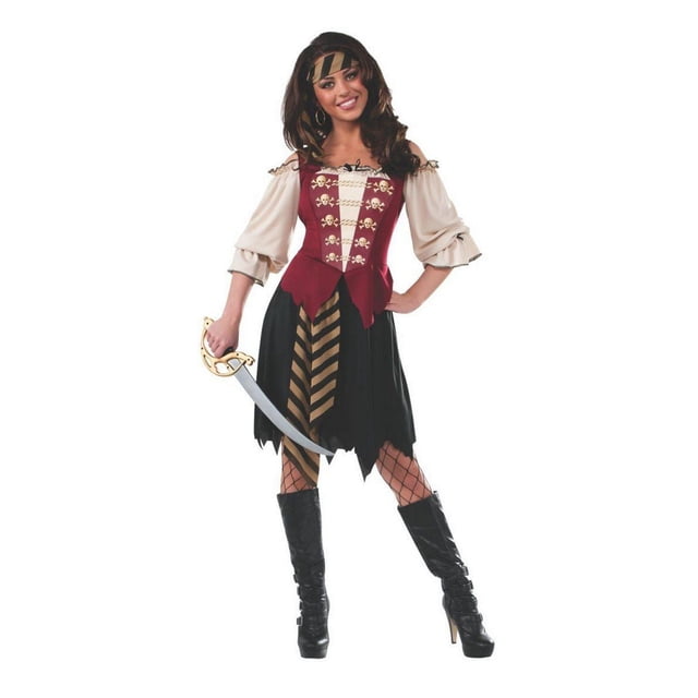 Elegant Pirate Women's Costume with an off-shoulder cream blouse featuring puffed sleeves, a burgundy corset-like bodice printed with skulls and black ribbon bows, a jagged black skirt with a gold and black striped sash, fishnet stockings, black knee-high heeled boots, and a curved pirate sword with a gold handle, suitable for Halloween and costume parties.