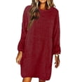 thumbnail image 1 of MAWCLOS Robes Mini pour Femmes Robe Chandail à Col Rond Chandail Uni Chandail Décontracté d'Hiver à Manches Longues Rouge Vin G, 1 of 2