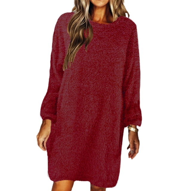 MAWCLOS Robes Mini pour Femmes Robe Chandail à Col Rond Chandail Uni Chandail Décontracté d'Hiver à Manches Longues Rouge Vin G