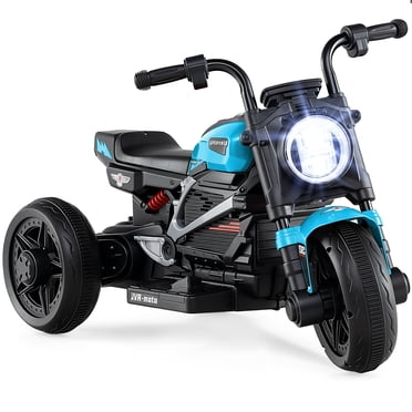 Costway Moto 6 V pour Enfants avec Chanson, Histoire, Phares DEL, Pédale d'Accélérateur et 3 Roues, Bleu et Noir