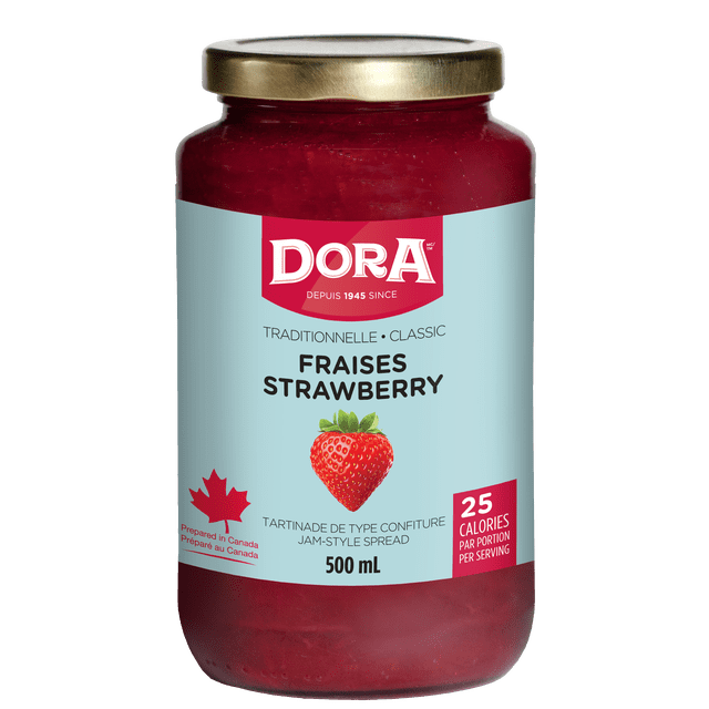 Doré Dora Tartinade Traditionnelle Légère à la Fraise dans un Pot en Verre de 500 ml avec Couvercle en Métal et Étiquette Bleu Pâle Mettant en Vedette une illustration de Fraise et une Feuille d'Érable Canadienne. Cette Tartinade Style Confiture Sans Gluten et Végane Contient 25 calories par Portion et Est Préparée au Canada, Idéale pour des toast du Déjeuner Ou des Plateaux de Fromage.