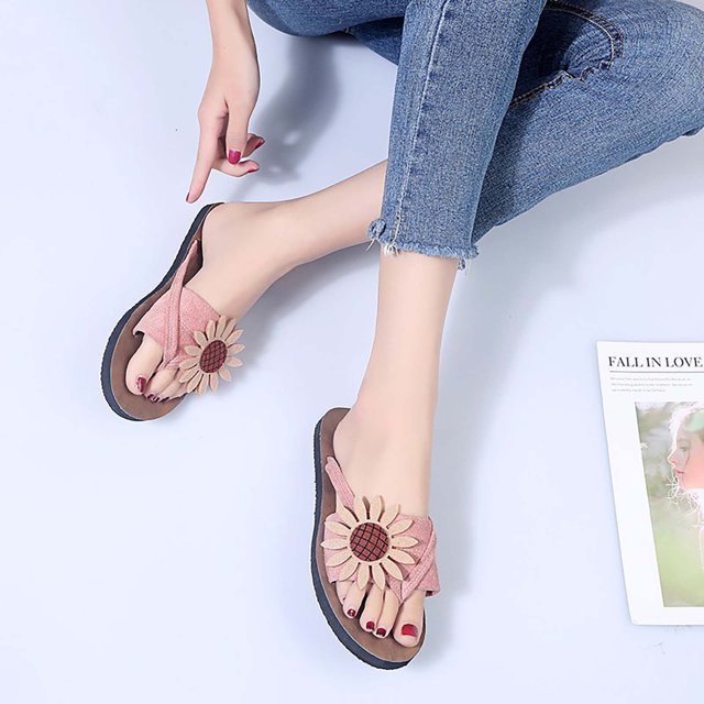 LSLJS Summer Ladies Sandals And Slippers Flip Flops Suede Flowers Flat Beach Shoes, Women's Slippers