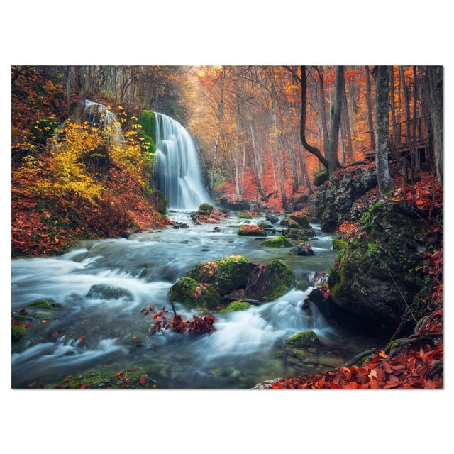 Designart Art Mural sur Toile à Longue Vue de Cascade de Montagne d'Automne, Présentant une Impression sur Toile en Coton de Qualité Supérieure Enveloppée pour Galerie d'Une Cascade Coulante dans une Forêt d'Automne avec des Feuilles orange et Jaunes et des Roches Recouvertes de Mousse, Imprimée avec une Encre Résistante à la Décoloration, Prête à Accrocher.