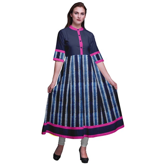 Bimba Robe Anarkali Longue à Rayures Bleues Shibori Ligne A pour Femmes Classique Imprimée Kurtis Indienne Tunique-X-Grand