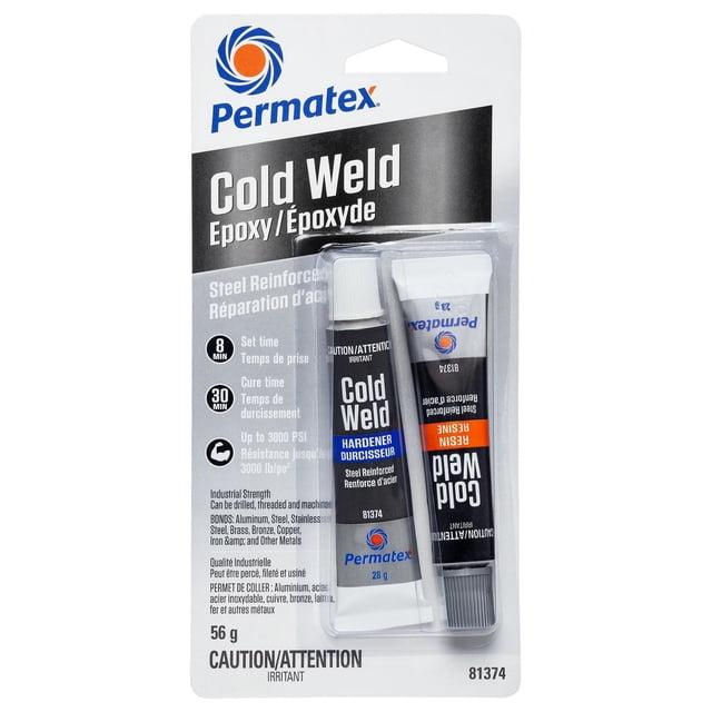 Permatex Système d'Adhérence et de Remplissage en Deux Parties pour Soudure à Froid en Acier Renforcé Epoxy en tubes de 28 g pour la Réparation et le Collage Métalliques de l'Aluminium, de l'Acier, du Laiton, du bronze et du Cuivre, avec une Durée de Prise de 8 Minutes, une Durée de Durcissement de 30 Minutes et une Résistance au Cisaillement de Plus de 3000 PSI, Emballé dans un blister Blanc et Noir avec Texte Bilingue Anglais et Français.