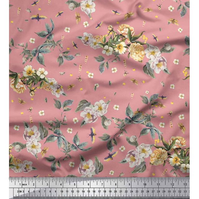Soimoi Poly Georgette Fabric Leaves,Moth & Magnolia Floral Fabric Prints By Yard 52 Inch Wide