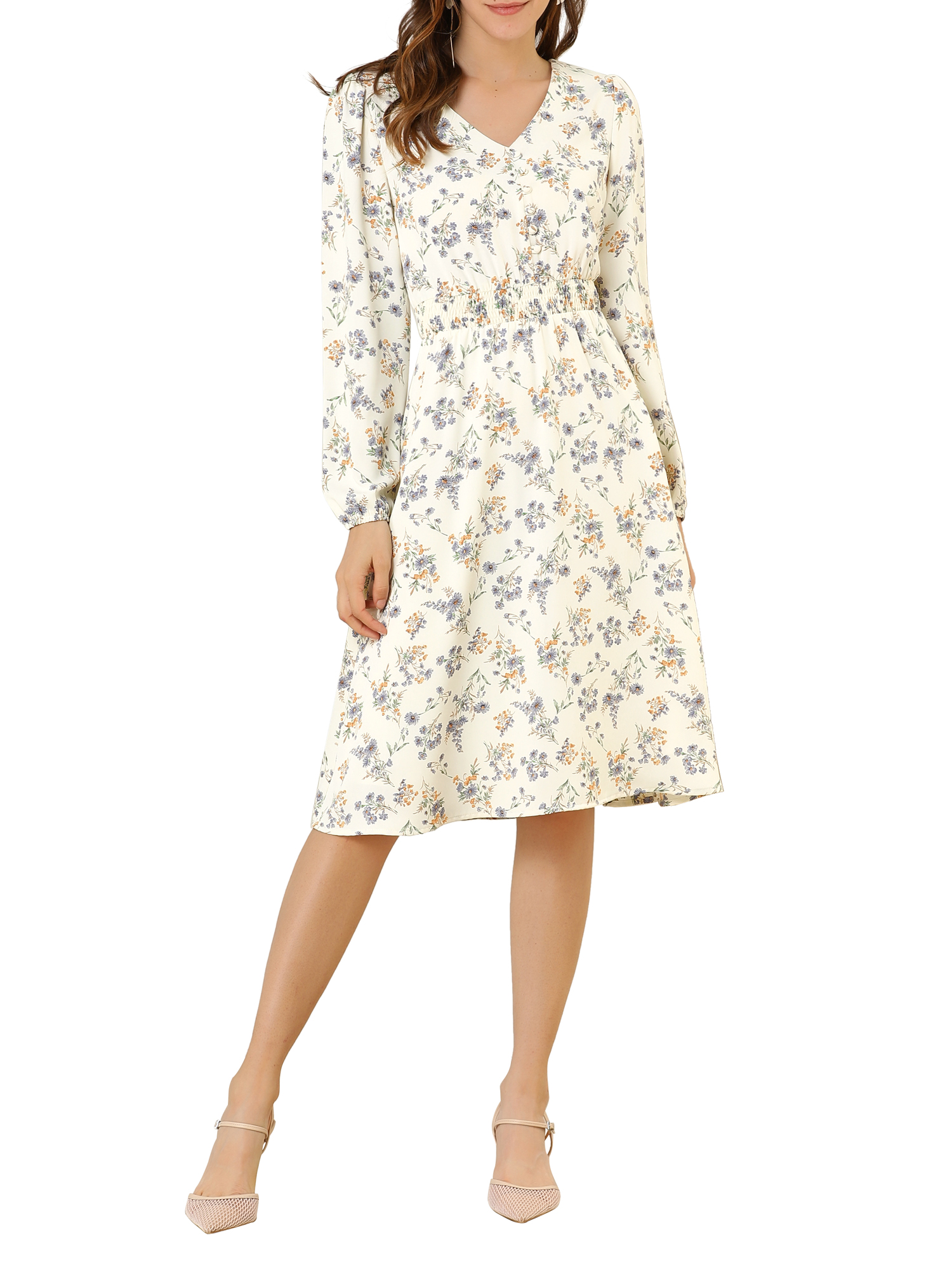 INSPIRE CHIC Robe Midi à Manches Longues Évasée à Col en V à Imprimé Floral pour Femme