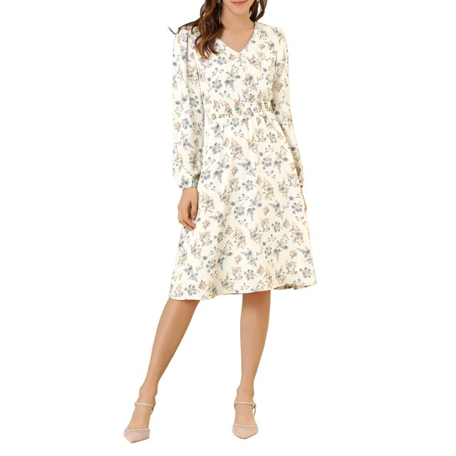 INSPIRE CHIC Robe Midi à Manches Longues Évasée à Col en V à Imprimé Floral pour Femme