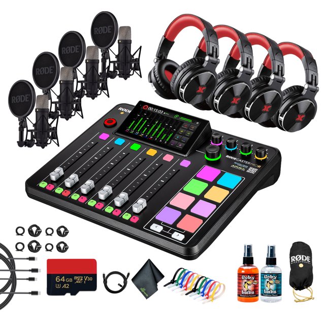 RODE RODECaster Pro II + 4x Studio Headphones + 4x RODE NT1 5th Gen Podcast Microphone + 64GB Micro SD Memory Card + Cable Ties + Sanitizer Spray + More (Bundle)