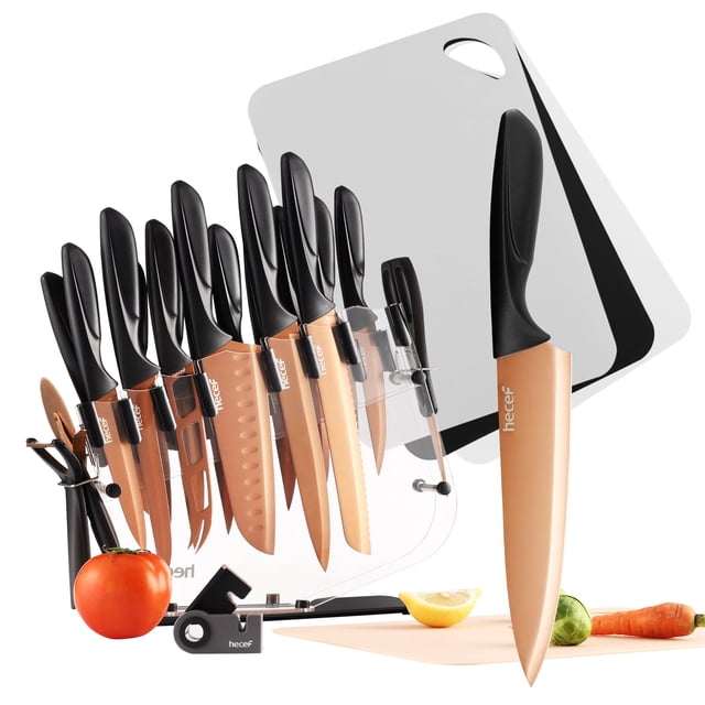 Hecef 25 Pieces Kitchen Knife Set with Block, featuring rose gold titanium-plated stainless steel blades for durability and rust resistance. Includes chef's knife, slicing knife, bread knife, santoku knife, boning knife, utility knife, steak knives, paring knife, pizza wheel, scissors, peeler, mini sharpener, and colorful cutting mats. Stored in a transparent acrylic stand, this knife block set is perfect for kitchen essentials and food preparation tasks.