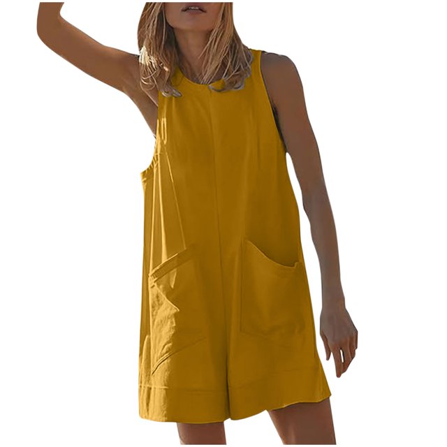 RKSTN Combinaisons pour Femmes 2024 Mode Été Couleur Unie Dos Creux Combinaison Coupe Ample Col Rond Sans Manches Poches Combinaisons