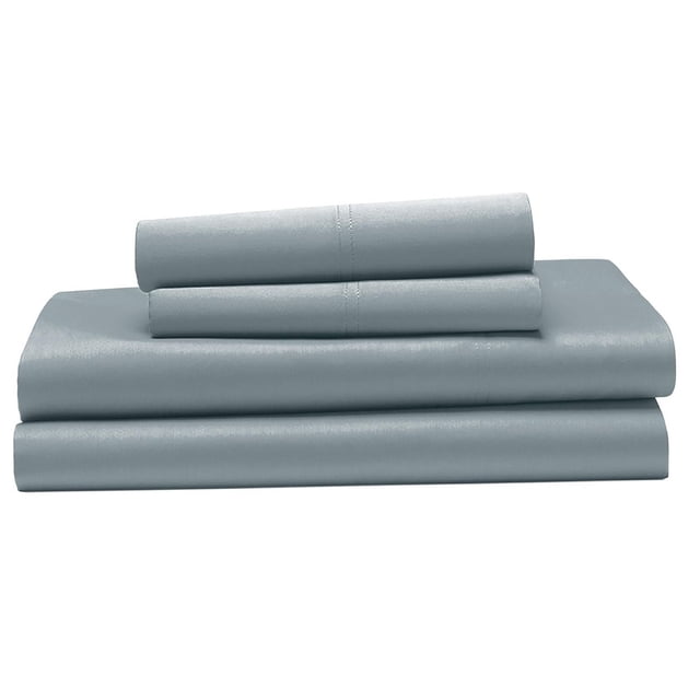 Hometrends 400 Thread Count 100% Cotton Sheet Set - Sateen in grey, folded to display smooth, wrinkle-resistant sateen fabric with True Grip technology for a secure fit on mattresses up to 15 inches deep, suitable for refreshing bedroom décor.
