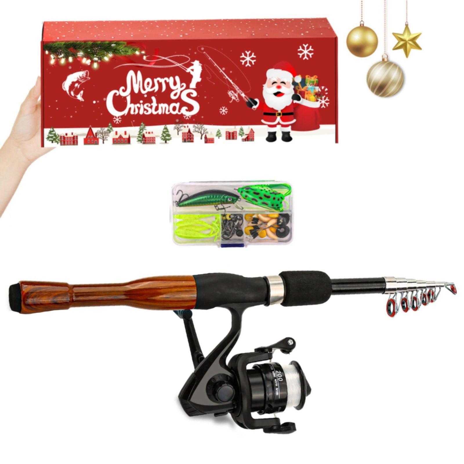 HUASHENG Christmas Rod Set Fiber Fishing Rod & Stainless Kit Telescopic Fishing Rod And Reel Combo For Travel Freshwater Fishing