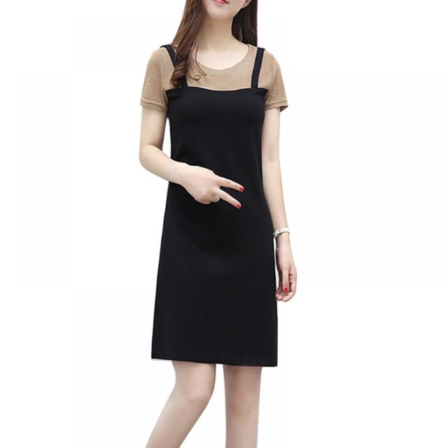 O-cou Manches Courtes Robes Patchwork Faux 2 Couleurs Deux Pièces Femme Fille Robes Doux Confortable Femme Robe en Vrac