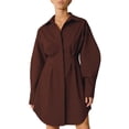 thumbnail image 1 of Robe T-Shirt Mini à Manches Longues Boutonnée pour Femme, Col à Revers, Plissée Évasée, Courte, Marron, P, 1 of 10