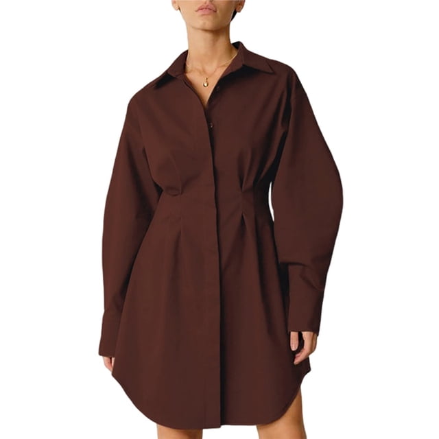 Robe T-Shirt Mini à Manches Longues Boutonnée pour Femme, Col à Revers, Plissée Évasée, Courte, Marron, P
